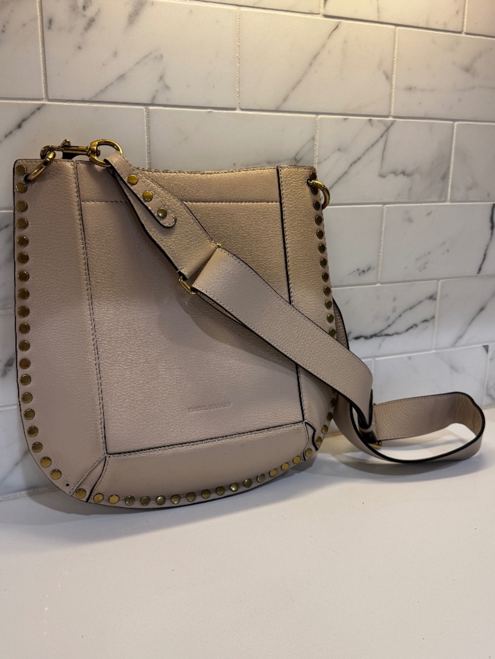 Isabel Marant Oskan Studded Leather Bucket Hobo Bag Beige